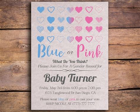 Blue Or Pink Gender Reveal Invitation Blue And Pink Hearts On A Simple