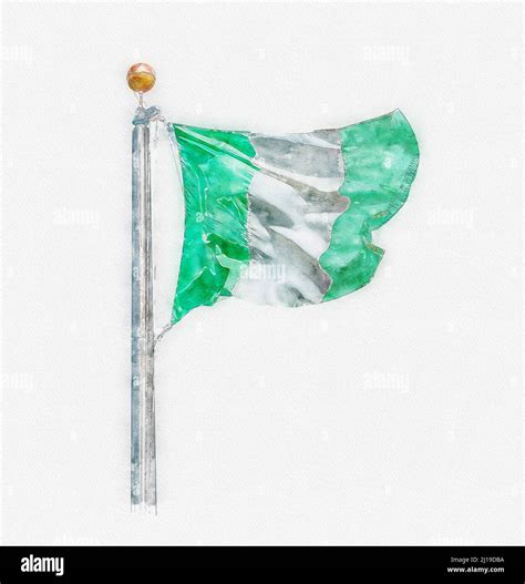 National Flag Of Nigeria On A Flagpole Isolated On White Background