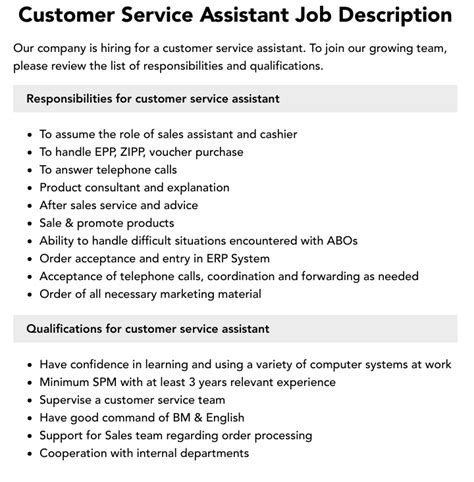 Customer Service Assistant Job Description Velvet Jobs