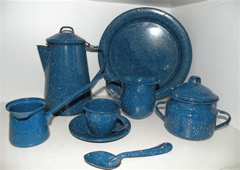 Vintage Camping Cookware Set Blue Enamel