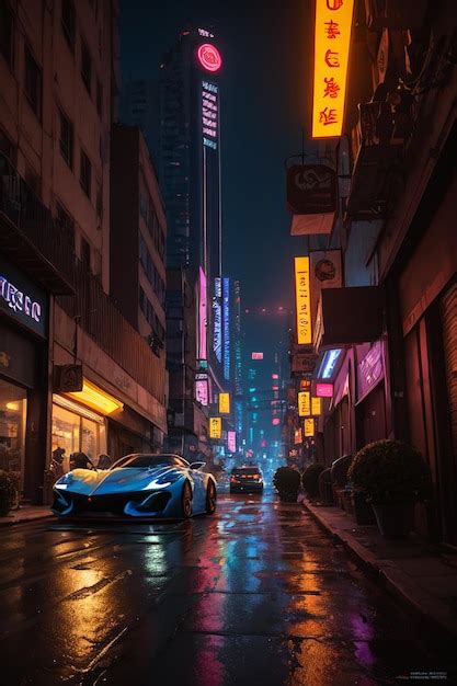 Una Noche En La Ciudad Con Un Auto Bajo La Lluvia Foto Premium