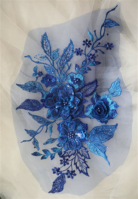 Royal Blue 3d Flowers Lace Applique 3d Lace Beaded Applique Etsy