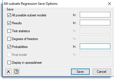 All Subsets Regression Save Options Genstat V22