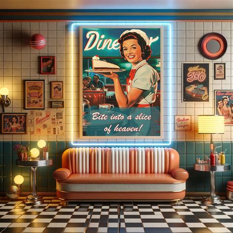Retro Diner Poster Vintage Waitress Holding Pie 1950s Style Printable