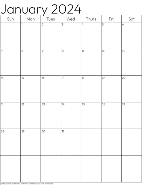 Standard January 2024 Calendar Template in Portrait