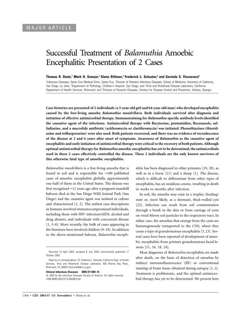 (PDF) Successful Treatment of Balamuthia Amoebic Encephalitis: Presentation of 2 Cases