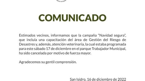 Comunicado 16 De Diciembre 2022 Informes Y Publicaciones Municipalidad Distrital De San