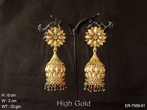 Fancy Flower High Gold Ruby Green Drop Antique Jhumka EARRINGS