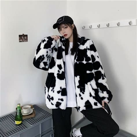 Cow Print Jacket Korean Winter Cow Pattern Fleece Unisex Jacket The