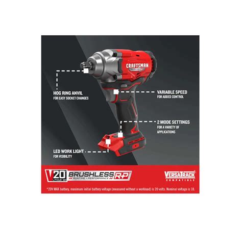 CRAFTSMAN V20 1 2 In Cordless Brushless Impact Wrench Tool Only