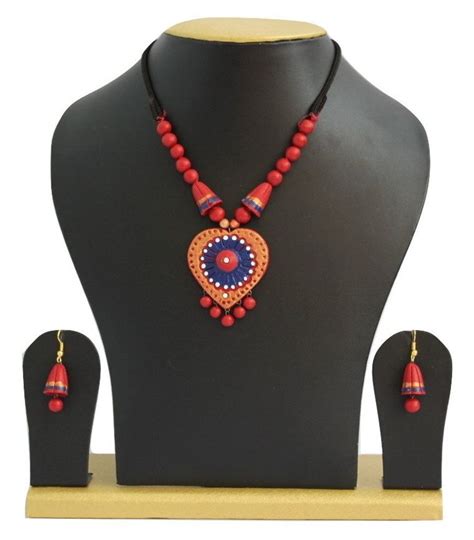 Handmade Terracotta Jewellery Casual Necklace Earring Set Orange Red