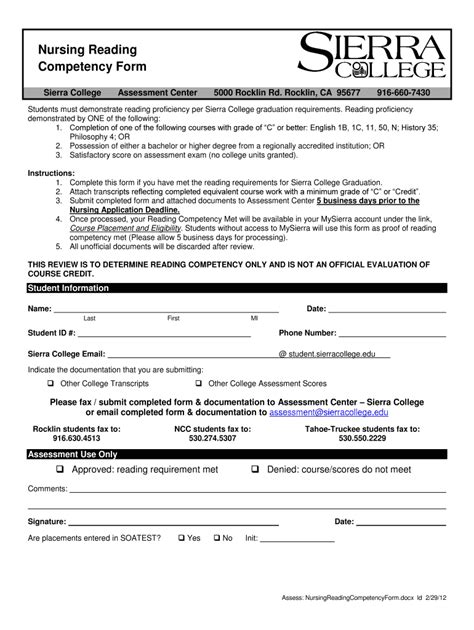 Fillable Online Sierracollege Nursing Reading Competency Form Sierra