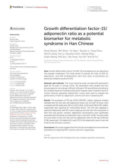 PDF Growth Differentiation Factor 15 Adiponectin Ratio As A Potential