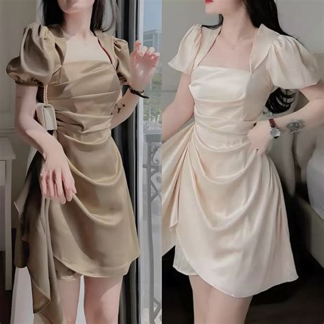 Đầm Váy Phi Lụa Bóng Sang Trọng Màu Trắng Nude Và Nâu Dự Tiệc BY Shopee Việt Nam