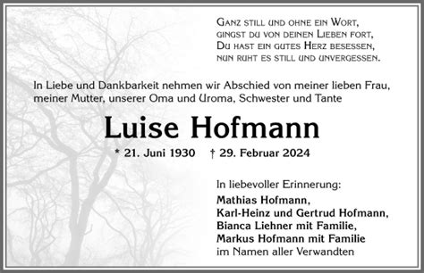 Traueranzeigen Von Luise Hofmann Allg Uer Zeitung