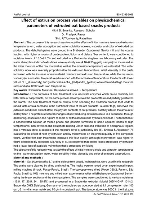 PDF Effect Of Extrusion Process Variables On Physicochemical