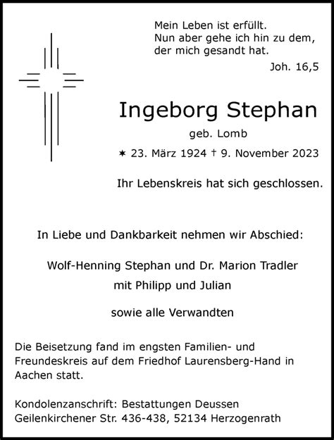 Traueranzeigen Von Ingeborg Stephan Aachen Gedenkt