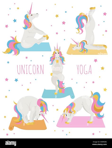 White Unicorn Yoga Poses And Exercises Cute Cartoon Clipart Set