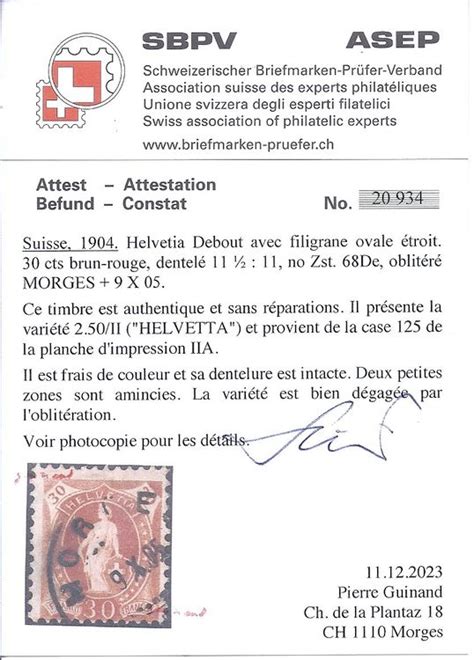 Helvetia Debout No De Ii Avec Attestation Guinand Kaufen Auf