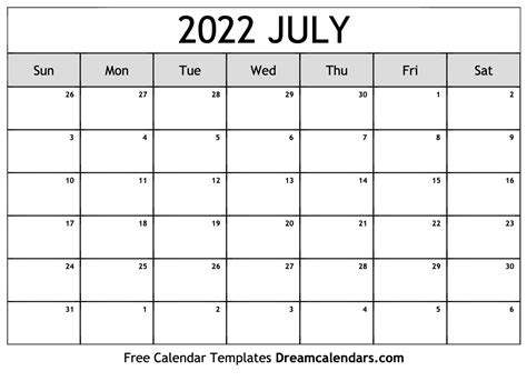 July Calendar 2022 Printable