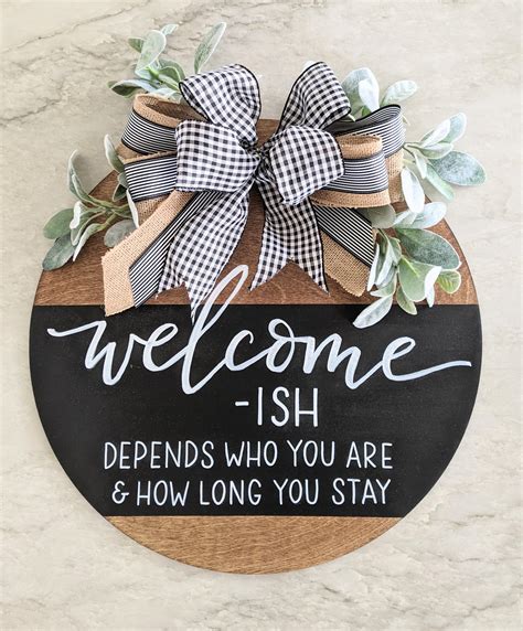 Welcome Door Sign Round Wood Sign With Bow Etsy