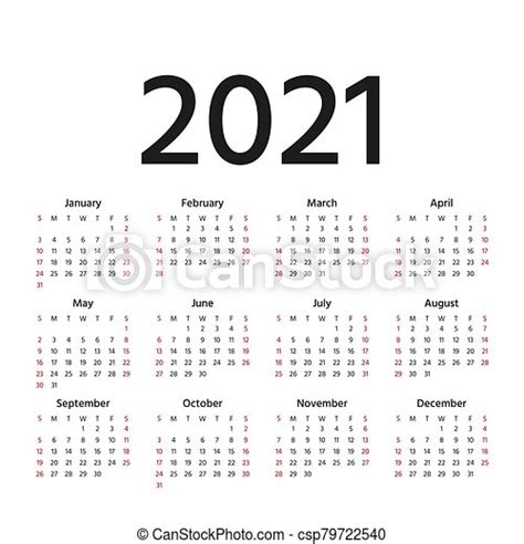 2021 Calendar Vector Illustration Template Year Planner Calendar