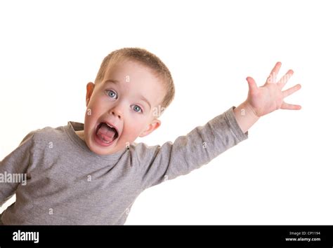 Crazy Happy Blonde Hair Blue Eyed Child Waving At Camera Stock Photo