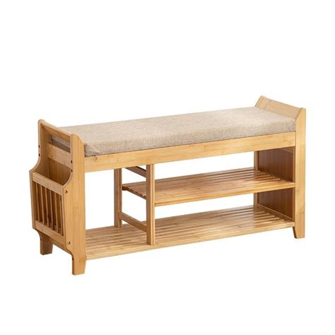 Natural Bamboo Shoe Storage Rack Bench With 2 Tier Cushion Seat Living