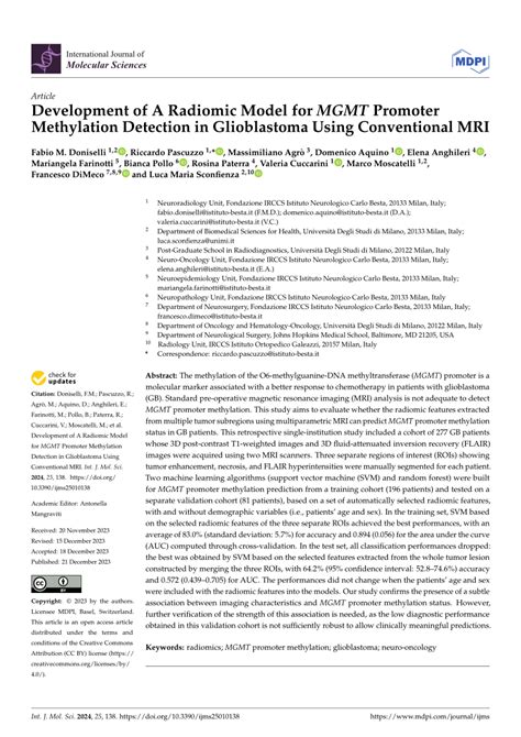 Pdf Development Of A Radiomic Model For Mgmt Promoter Methylation