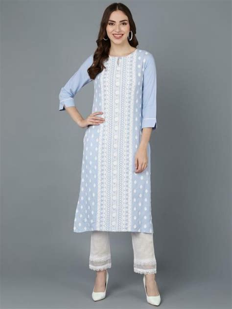 Buy Vaamsi Women S Blue Silk Blend Ethnic Motifs Embroidered Kurta