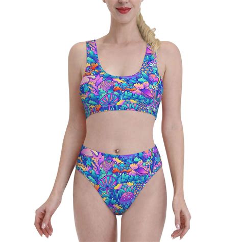 Lukts Women High Waisted Bikini Set Colorful Mushrooms Swimsuit 2 Piece