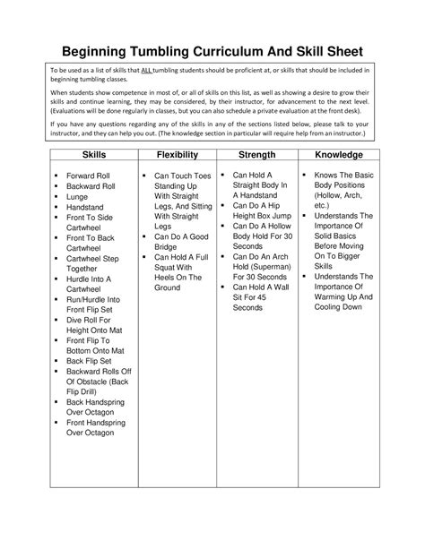 The Parkour & Performing Arts Center (aka Free Flow Academy): Beginning Tumbling Skill Sheet