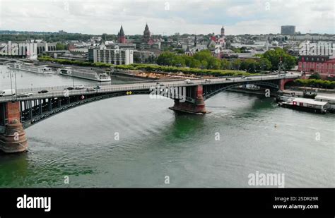 Aerial View Of Cars On A The Theodor Heuss Bridge Cloudy Day On Rhein