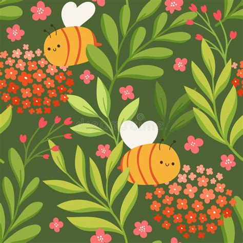 Cute Vector Seamless Pattern With Bees And Flowers Decorative Floral