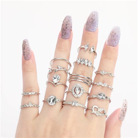 Anvazise 15pcsset Women Bohemian Rhinestone Stackable Finger Rings