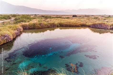 Pond Blue In The Sunrise Cuatro Cienegas Natural National Park In The