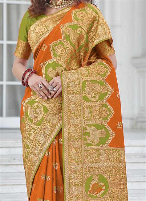 Buy Orange Banarasi Silk Weaving Traditional Saree Festive Wear Benarasi Sari Online Shopping