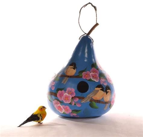 Decorative Gourd Birdhouse With Chickadees And Cherry Blossoms