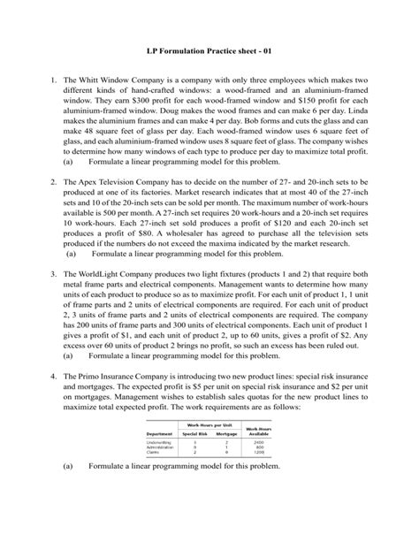 Lp Formulation Practice Sheet Linear Programming Problems