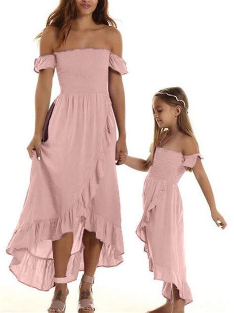 Mommy And Me Matching Maxi Dresses Off Shoulder Chiffon Ruffle Long