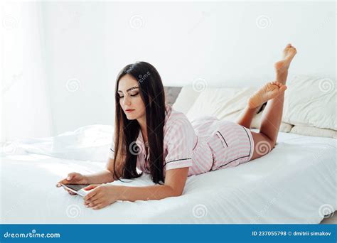 Beautiful Woman Brunette With Internet Tablet Online Stock Photo Image Of Internet Modern