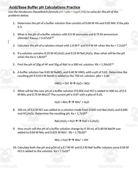 Practice Acid Base Buffer Ph Calculations By Teach Simple