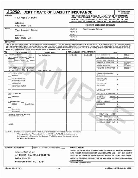 Certificate Of Insurance Acord Form 25 Free Printable 8 Business