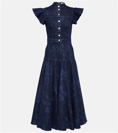 Erdem Printed Denim Midi Dress Blue Editorialist