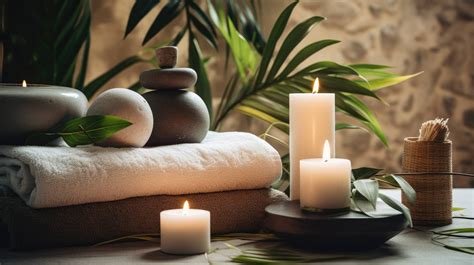 Relaxing spa setup, bamboo and stone accents, atmosphere of serenity