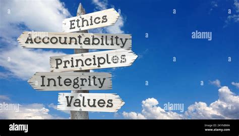 Ethics Accountability Principles Integrity Values Wooden Signpost