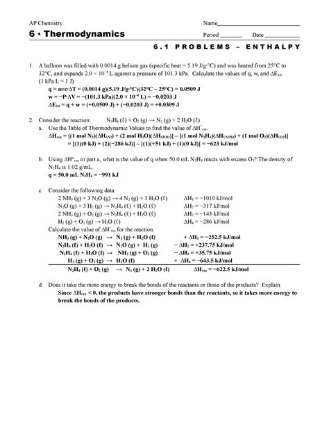 Apch Problems Ans Mn N Ap Chemistry Name Thermodynamics Period