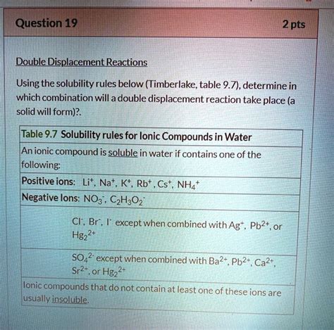 Solved Question 19 2 Pts Double Displacement Reactions Using The Solubility Rules Below