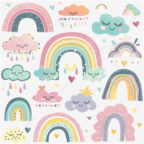 Joli Arc En Ciel Pastel Serti De Nuages Et De Coeurs Png Griffonnage