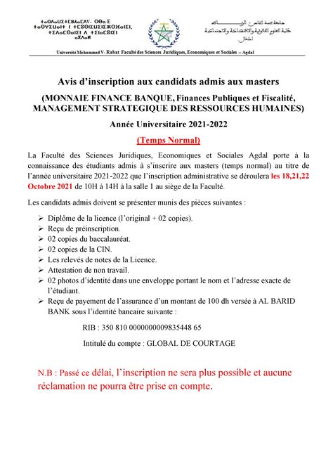 Avis Dinscription Aux Candidats Admis Aux Masters Monnaie Finance